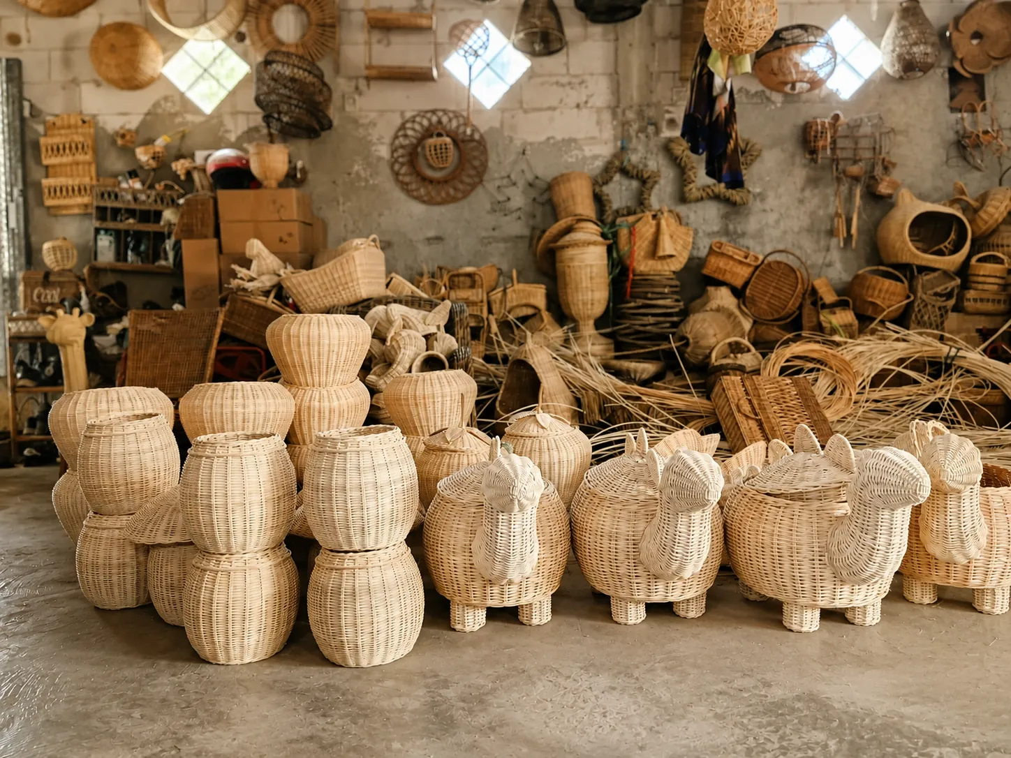 Workshop display with woven animal baskets and jars