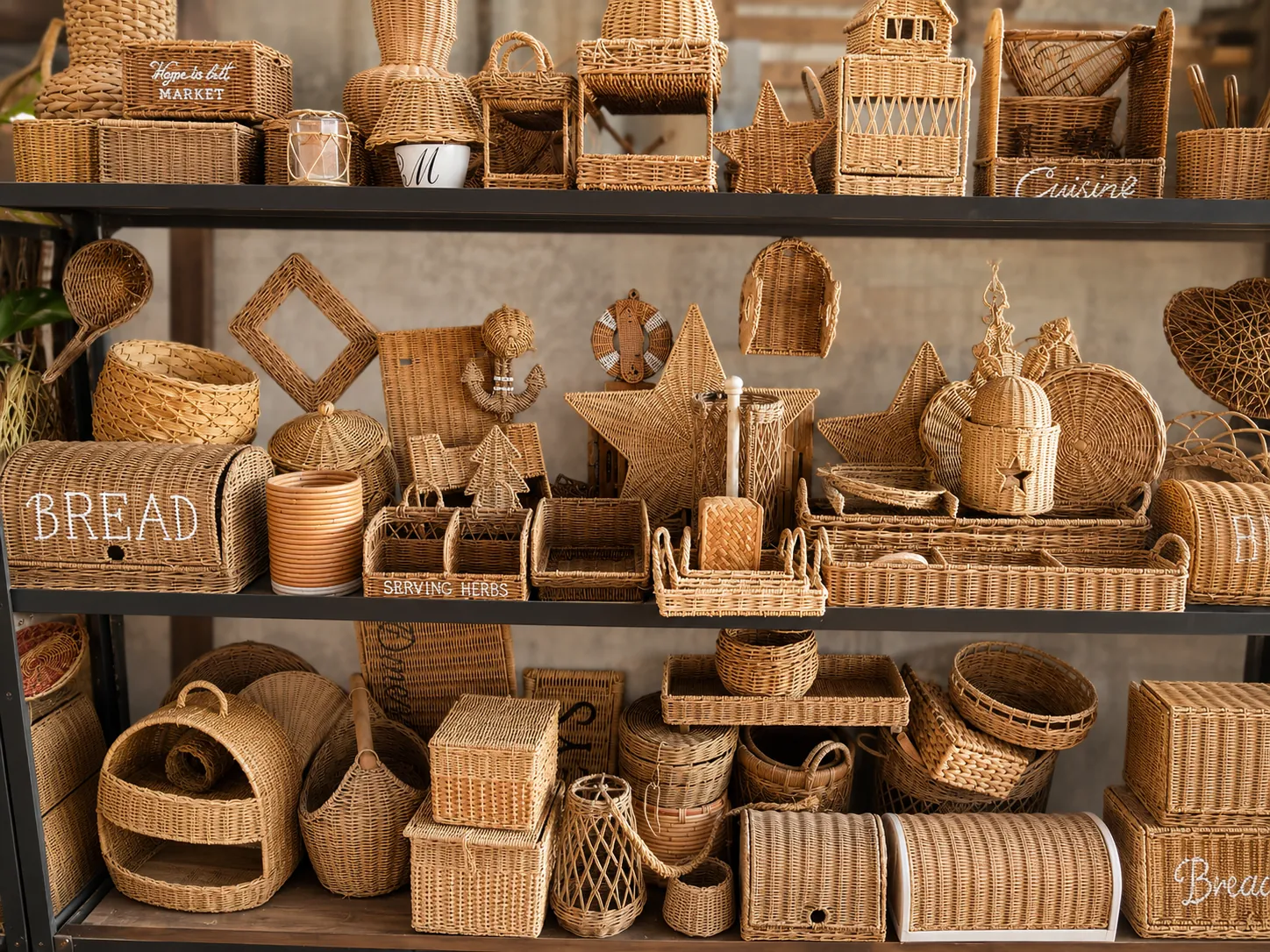 Shelves displaying assorted woven rattan products
