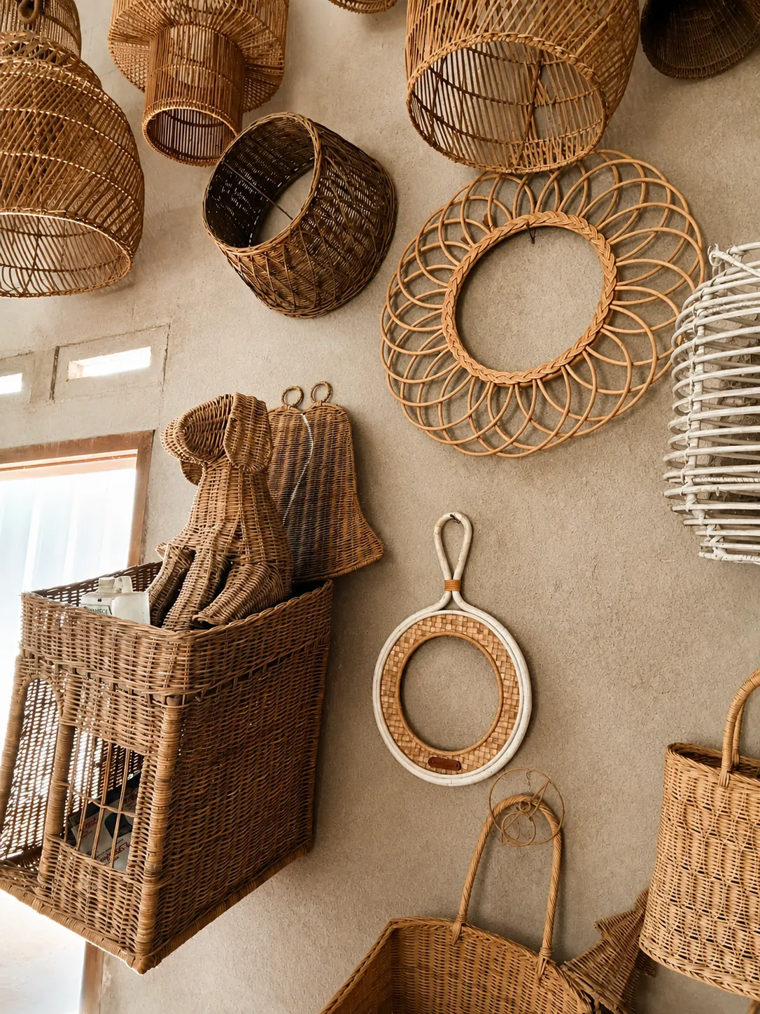 Wall display of woven lamps and rattan décor