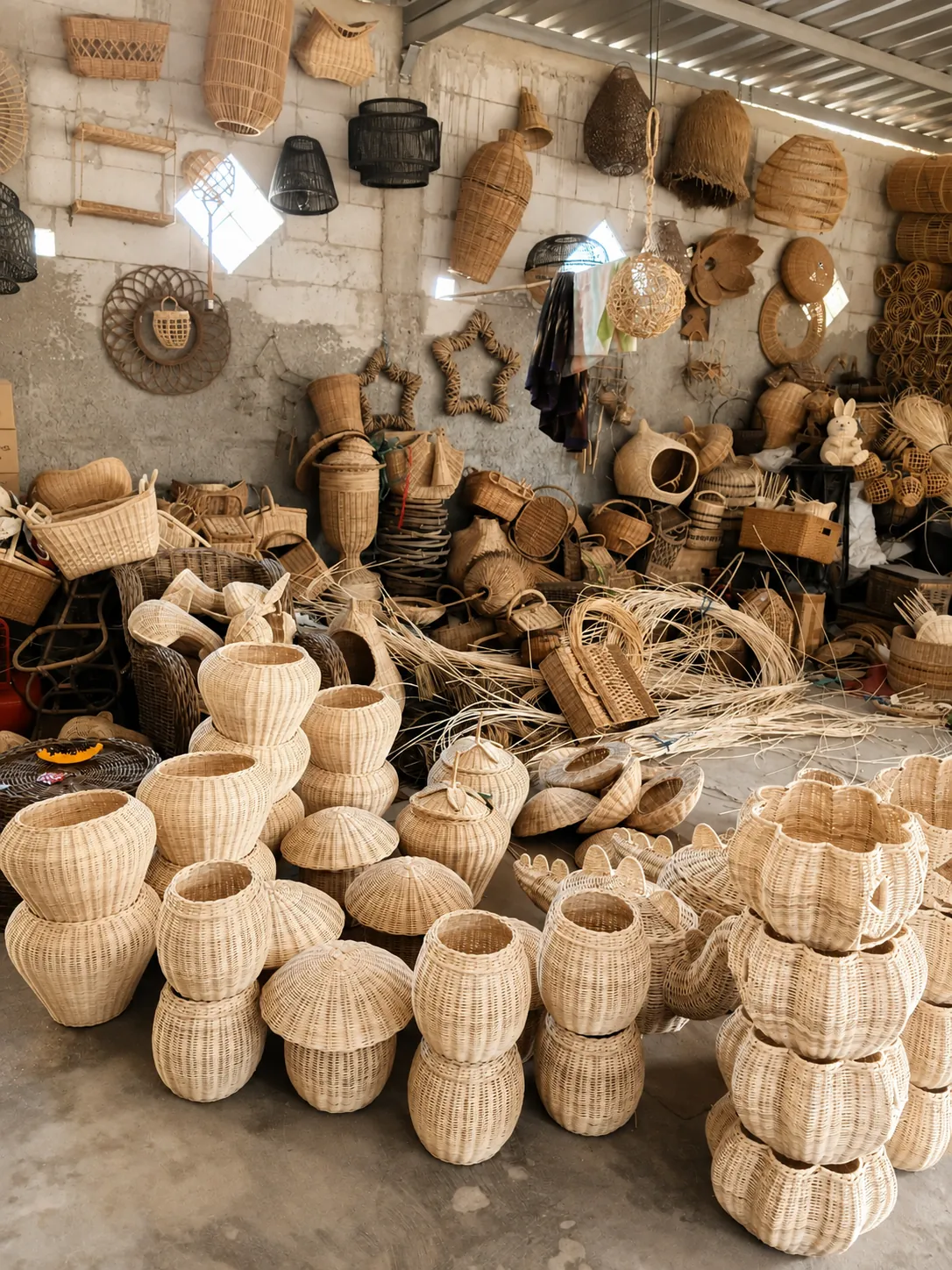 Workshop overview with handcrafted rattan collections